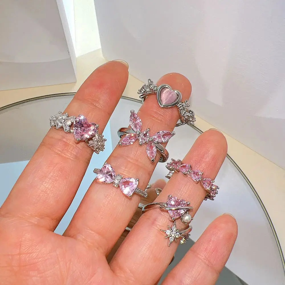 Anillo de corazón Irregular de cristal Rosa Y2K - ShoppBolivia