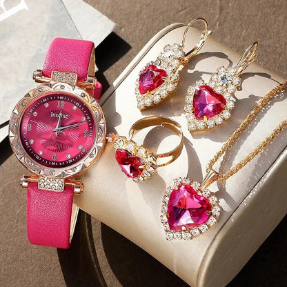 RELOJ DE LUJO ROSADO BRILLOSO 4 PIEZAS