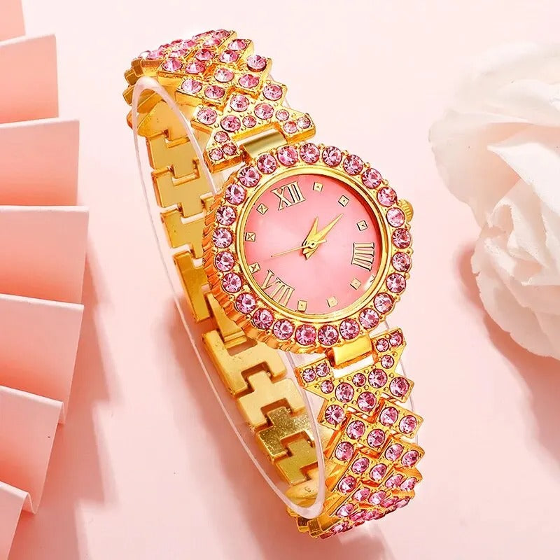 RELOJ ELEGANTE ROSADO 4 PIEZAS