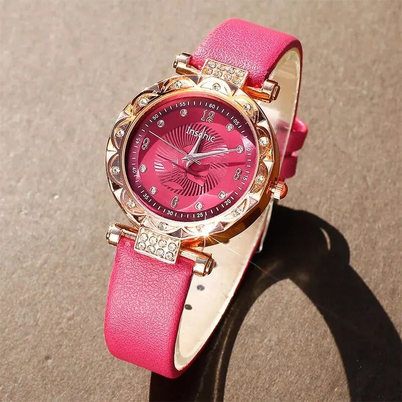 RELOJ DE LUJO ROSADO BRILLOSO 4 PIEZAS