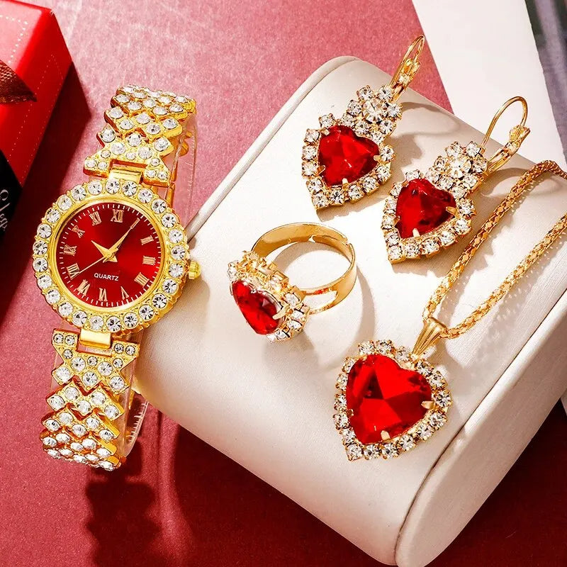 Reloj de lujo dorado y rojo para mujer