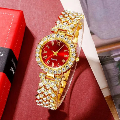 Reloj de lujo dorado y rojo para mujer