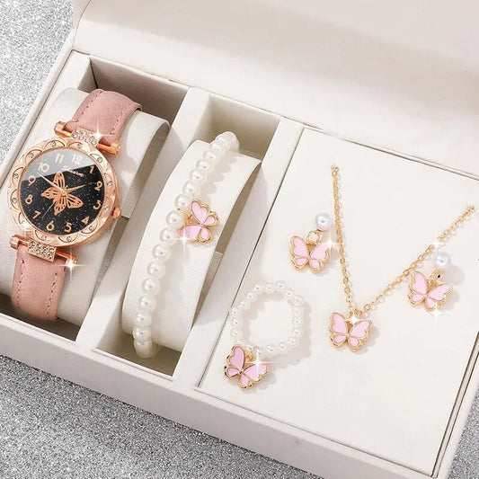 Relojes de mariposa de perlas rosas para mujer